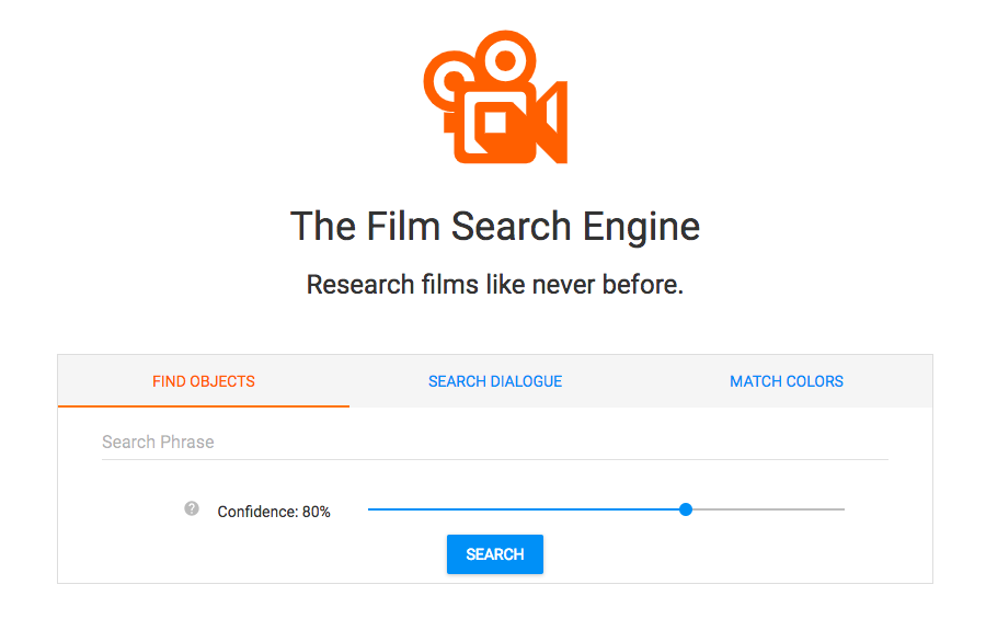 The Film Search Engine, "Research films like never before" showing a search box and a confidence slider at 80%