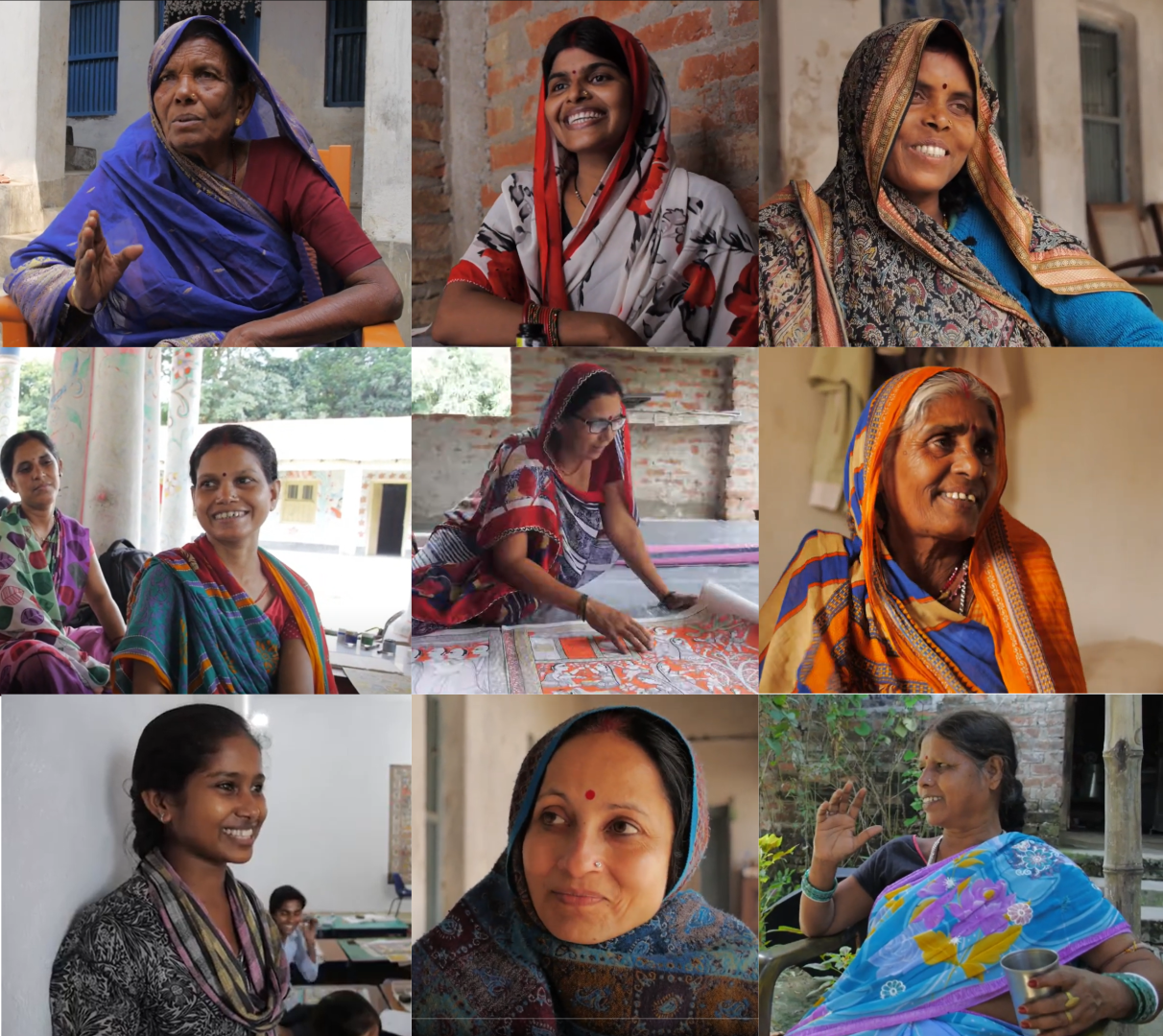 Nine photos of nine Miathil women smiling and telling stories.