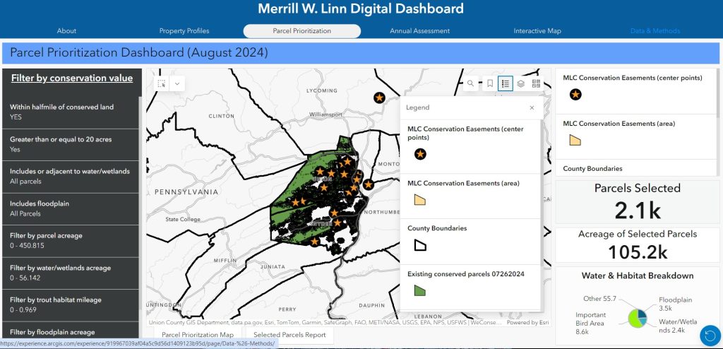 Screenshot of the parcel prioritization tool designed for Linn Conservancy staff to identify potential parcels based on conservation priorities