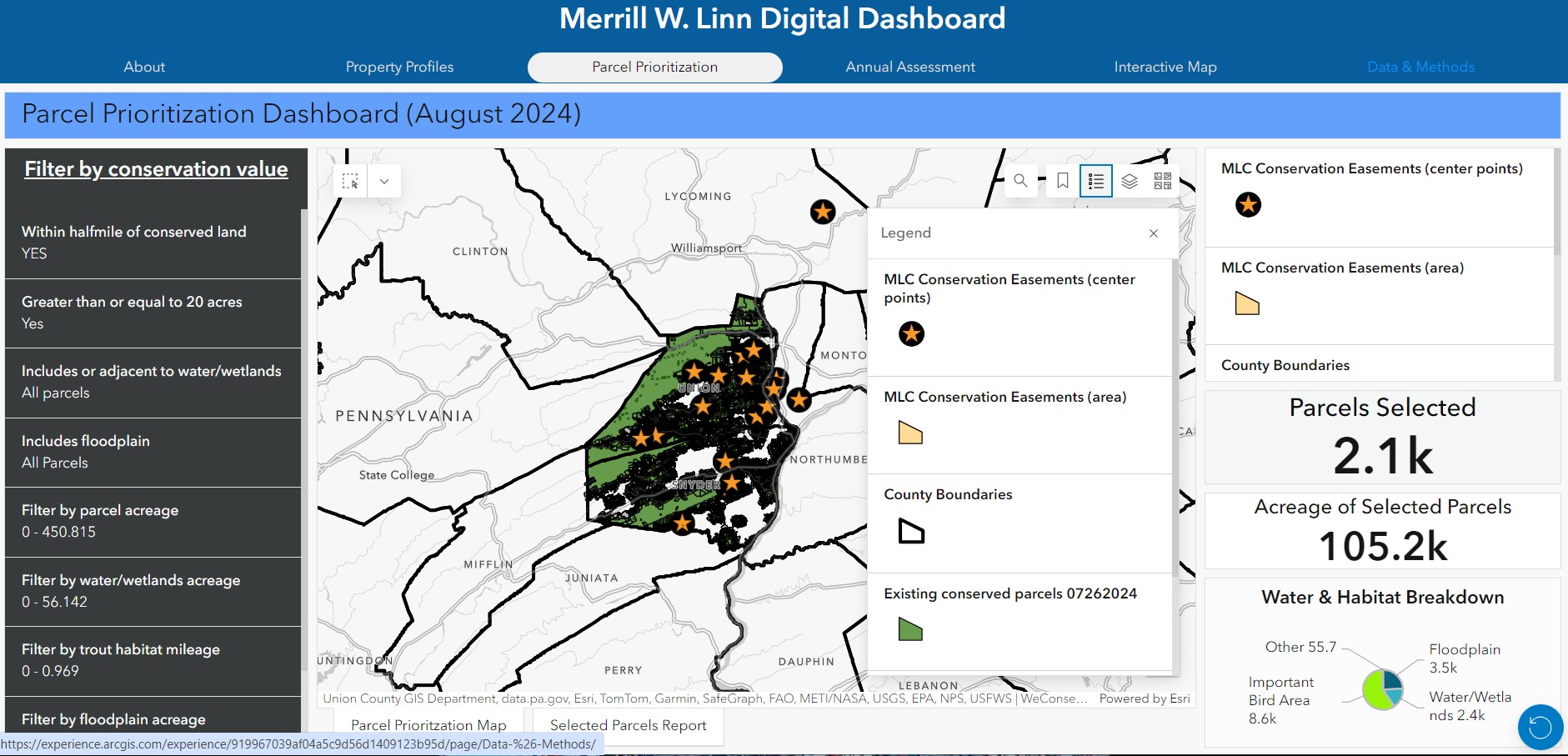 Screenshot of the parcel prioritization tool designed for Linn Conservancy staff to identify potential parcels based on conservation priorities