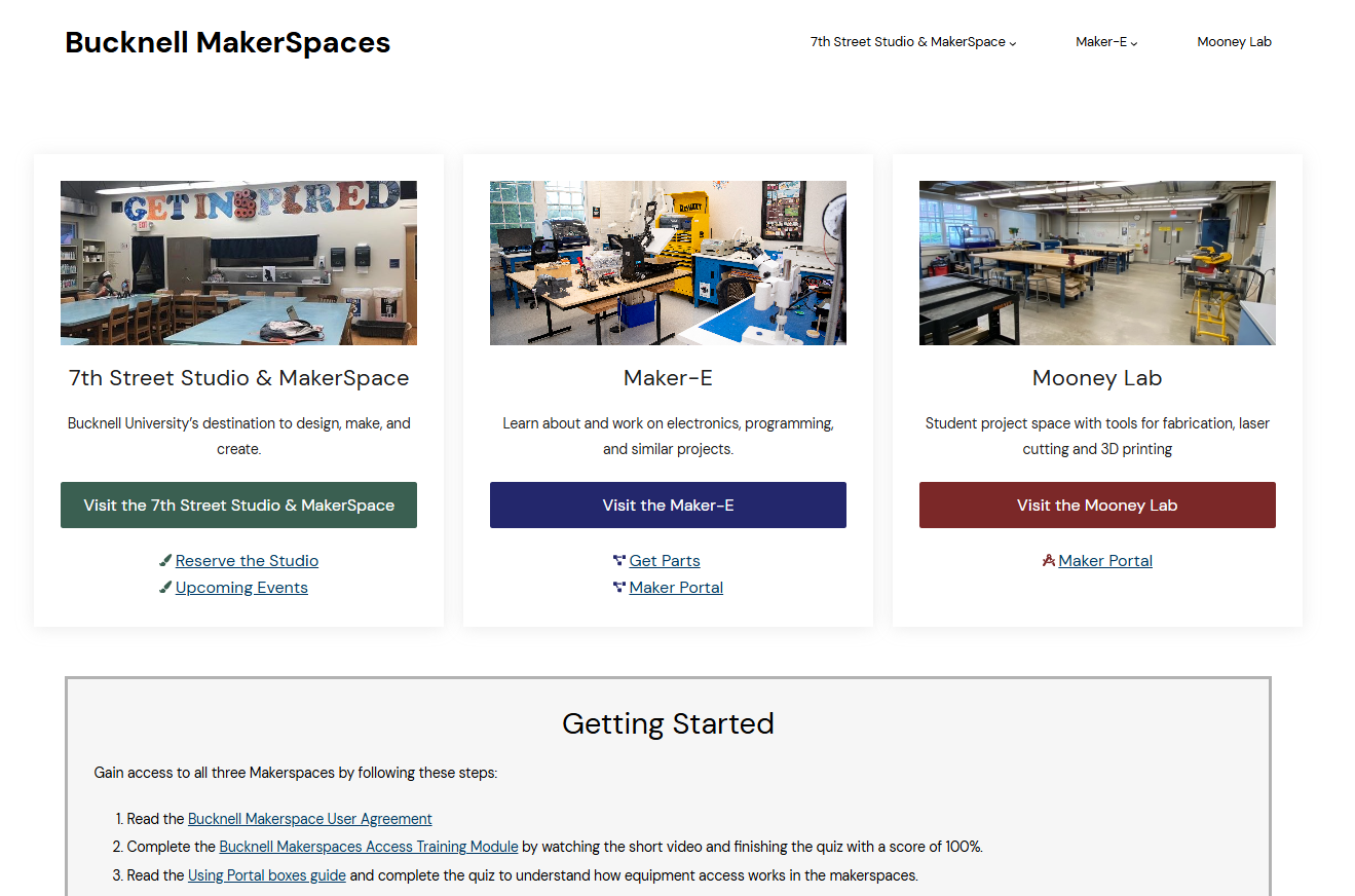 The redesigned Bucknell Makerspaces website, showing images of all three spaces on the home page.