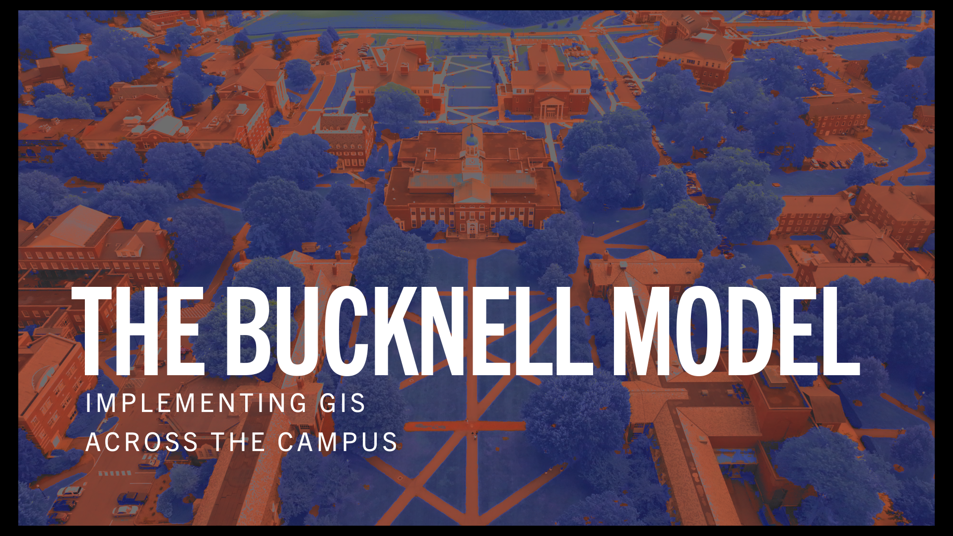 a blue and orange stylized aerial image of the quad in front of the library at Bucknell University