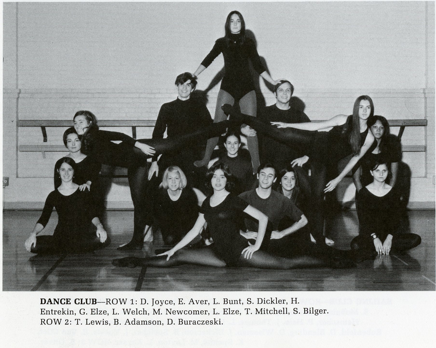 A pyramid of dancers in black leotards posing for a yearbook photo.
Text reads, "Dance Club-Row 1: D. Joyce, E. Aver, L. Blunt, S. Dickler, H. Entrekin, G. Elze, L. Welch, M. Nowcomer, L. Elze, T. Mitchell, S. Bilger. Row 2: T. Lewis, B. Adamson, D. Buraczeski"