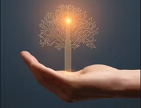 A hand holding a tree made of bright circuits.